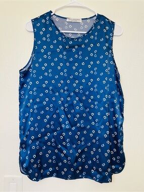 Amina Rubinacci Silk 100% Tank Top Floral Print  Blouse Blue Sleeveless Top